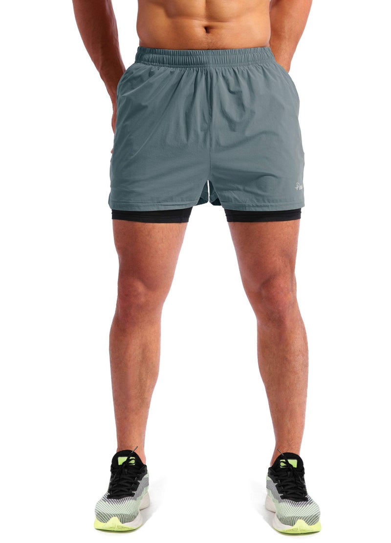 Pudolla Menâ€™s 2 in 1 Running Shorts 5" Quick Dry Gym Athletic Workout Shorts for Men with Phone Pockets(Arona Blue Medium) - Image 2